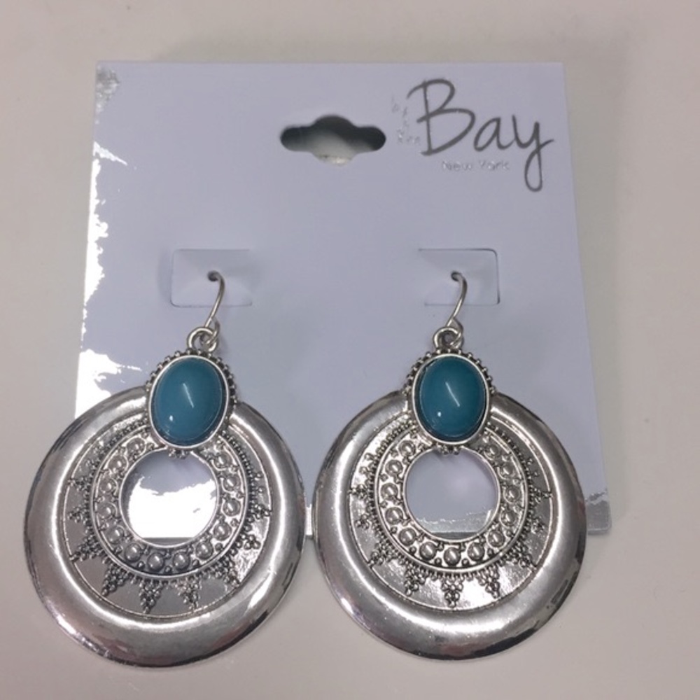 Turquoise Stones and Silver Disc Earrings Southwest BoHo Western NEW